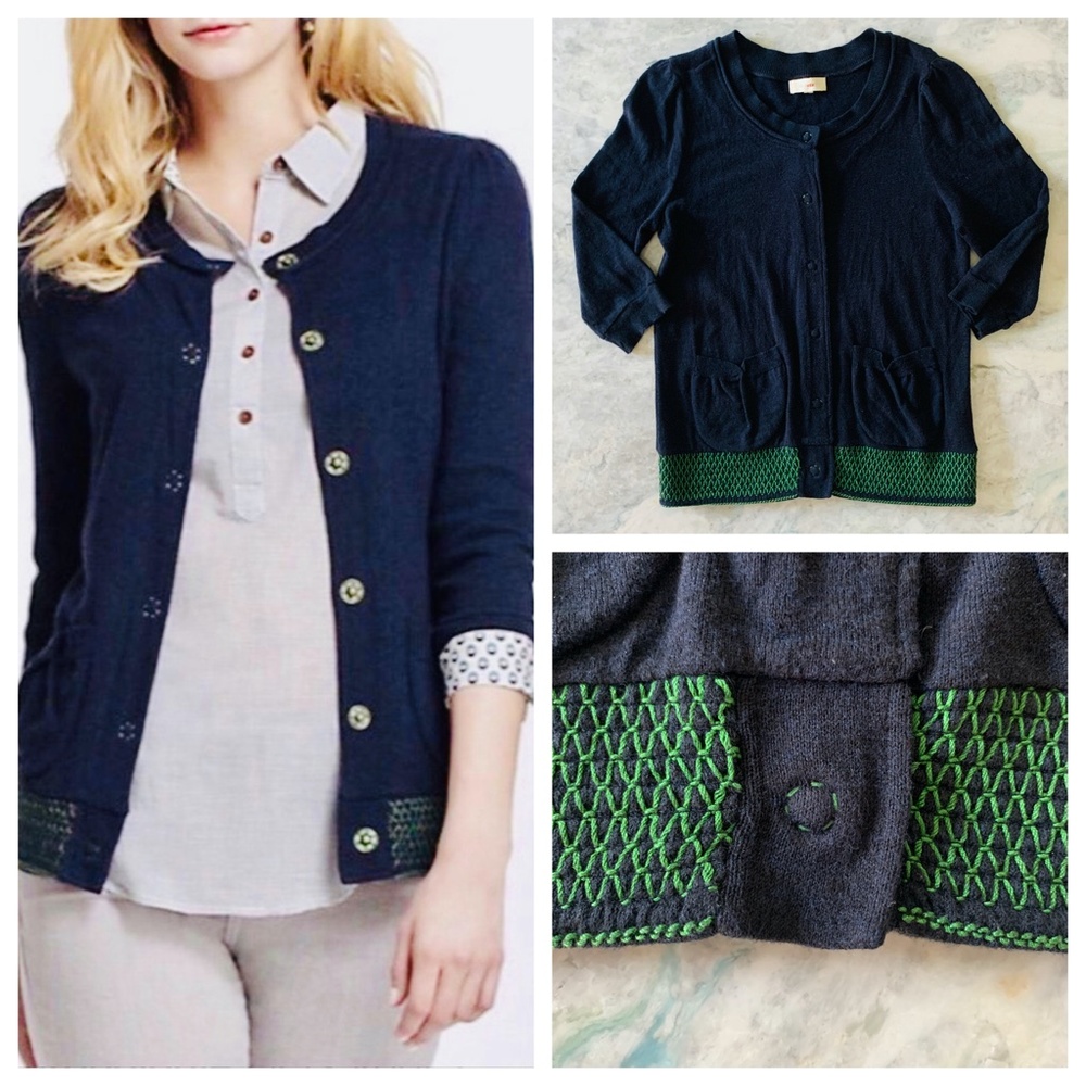 Anthropologie Blue & Green Smocked Waist Cardigan